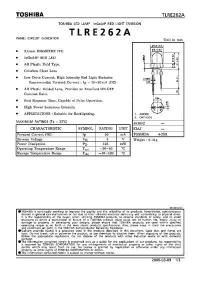 Toshiba TLRE262A LED Lamp Datasheet - cover page