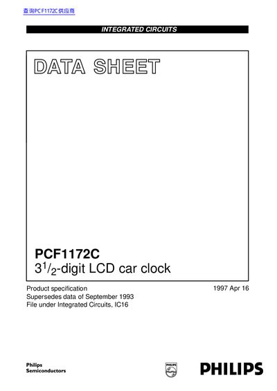 Philips PCF1172C 31/2-digit LCD Car Clock Datasheet