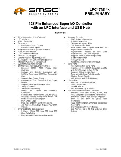 SMSC LPC47M14x Enhanced Super I/O Controller Datasheet - cover page