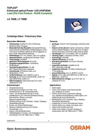 OSRAM LA T68B/LY T68B LED Datasheet - cover page