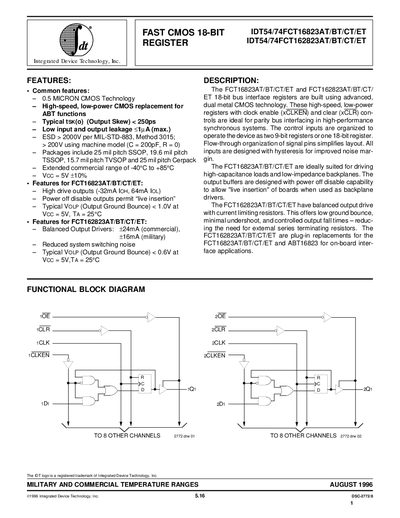 IDT IDT54/74FCT16823AT/BT/CT/ET & IDT54/74FCT162823AT/BT/CT/ET FAST CMOS 18‑Bit Register Datasheet - cover page