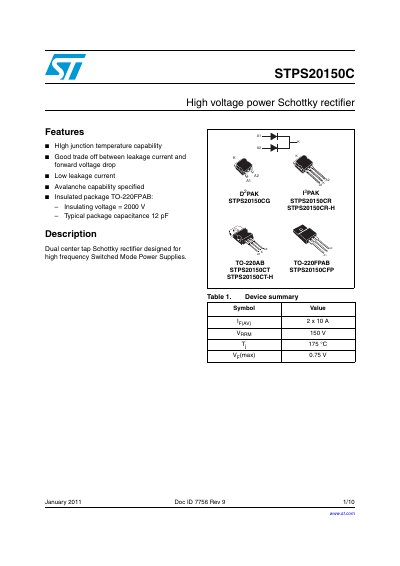 STMicroelectronics STPS20150C High Voltage Power Schottky Rectifier Datasheet