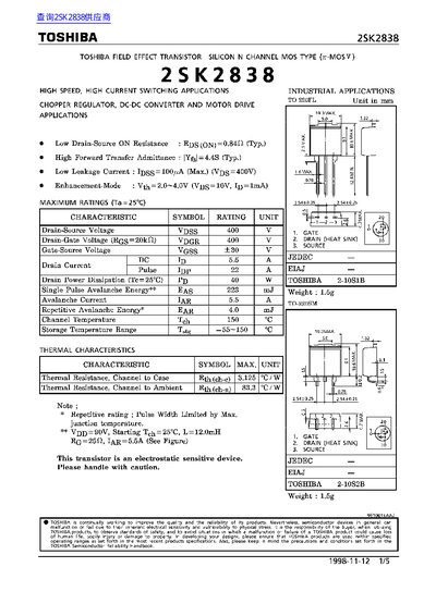 Toshiba 2SK2838 Field Effect Transistor Datasheet