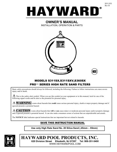 Hayward S311SX/S311SXV/S360SX High Rate Sand Filter Owner's Manual - cover page
