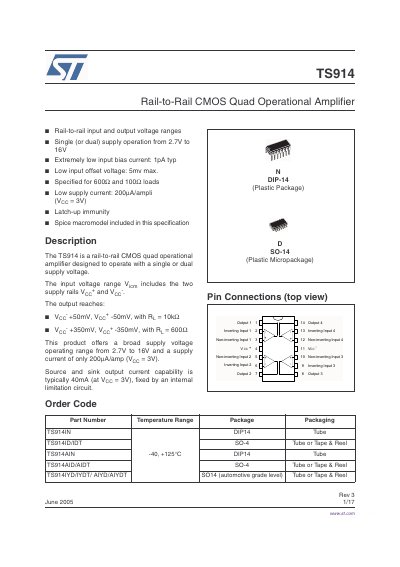 STMicroelectronics TS914 Rail-to-Rail CMOS Quad Operational Amplifier Datasheet - cover page