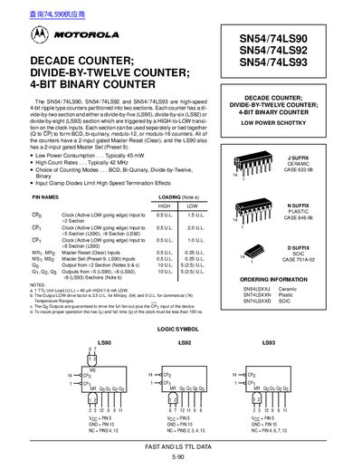 MOTOROLA SN54/74LS90 SN54/74LS92 SN54/74LS93 DECADE COUNTER; DIVIDE-BY-TWELVE COUNTER; 4-BIT BINARY COUNTER handbook - cover page