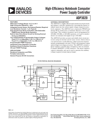 Analog Devices ADP3020 High-Efficiency Notebook Computer Power Supply Controller Datasheet