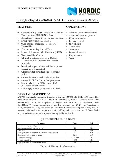 NORDIC SEMICONDUCTOR Single chip 433/868/915 MHz Transceiver nRF905 handbook - cover page