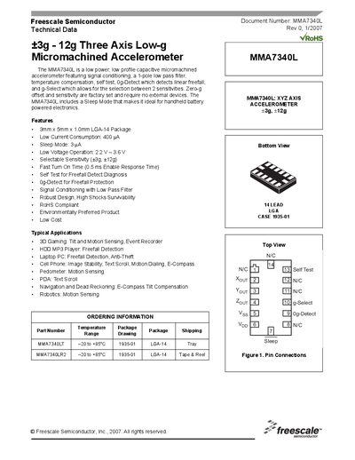 Freescale MMA7340L Accelerometer Datasheet - cover page