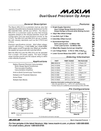 Maxim MXL1013/MXL1014 Dual/Quad Precision Op Amp Datasheet - cover page