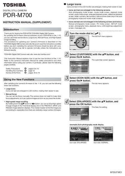 Toshiba PDR-M700 Instruction Manual Supplement - cover page