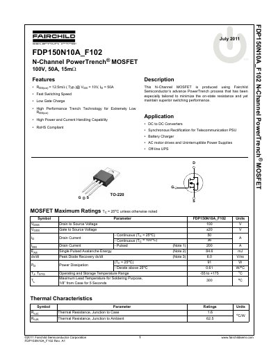 Fairchild FDP150N10A_F102 N-Channel PowerTrench MOSFET Datasheet - cover page