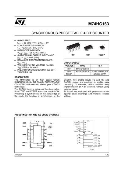STMicroelectronics M74HC163 Datasheet - cover page