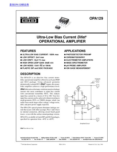 Burr-Brown OPA129 Operational Amplifier Datasheet - cover page
