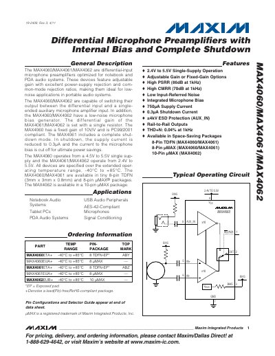 Maxim MAX4060/MAX4061/MAX4062 Differential Microphone Preamplifier Data Sheet - cover page