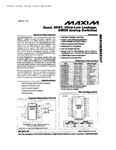 Maxim MAX326/MAX327 Quad SPST Ultra-Low Leakage CMOS Analog Switches Datasheet - cover page