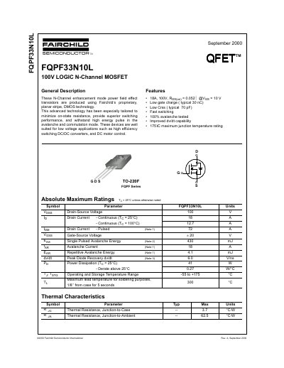 Fairchild FQPF33N10L N-Channel MOSFET Datasheet - cover page