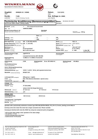 Winkelmann GNRFZE 200M/2 DC Compound Wound Motor Technical Data Sheet - cover page