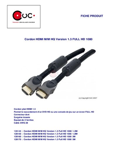 PRO SIGNAL FICHE PRODUIT Cordon HDMI M/M HQ Version 1.3 FULL HD 1080 handbook - cover page