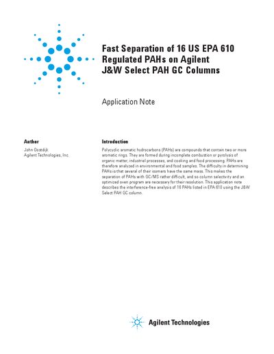 Agilent J&W Select PAH GC Column Application Note for EPA 610 PAHs - cover page