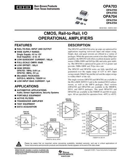 Texas Instruments OPA703/OPA704 Operational Amplifier Datasheet - cover page