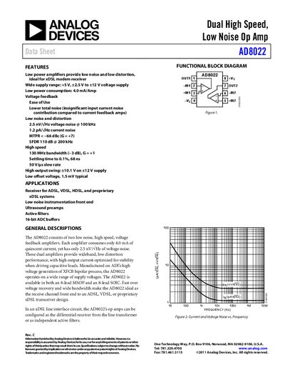 Analog Devices AD8022 Dual High Speed Low Noise Op Amp Datasheet - cover page