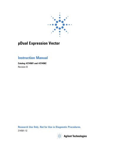 Agilent pDual Expression Vector Instruction Manual Catalog #214501 and #214502 - cover page
