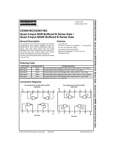 FAIRCHILD CD4001BC/CD4011BC Quad 2-Input NOR Buffered B Series Gate Quad 2-Input NAND Buffered B Series Gate handbook - cover page