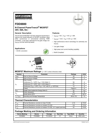Fairchild Semiconductor FDD8880 N-Channel MOSFET Datasheet - cover page