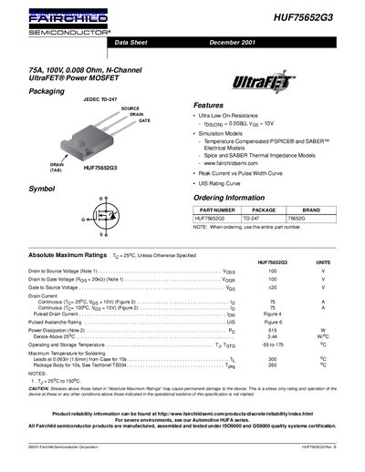 Fairchild HUF75652G3 75A N-Channel Power MOSFET Datasheet - cover page