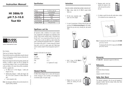 Hanna Instruments HI 3886/0 pH 7.5-10.0 Test Kit Instruction Manual