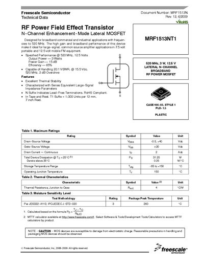 Freescale MRF1513NT1 RF Power MOSFET Datasheet - cover page