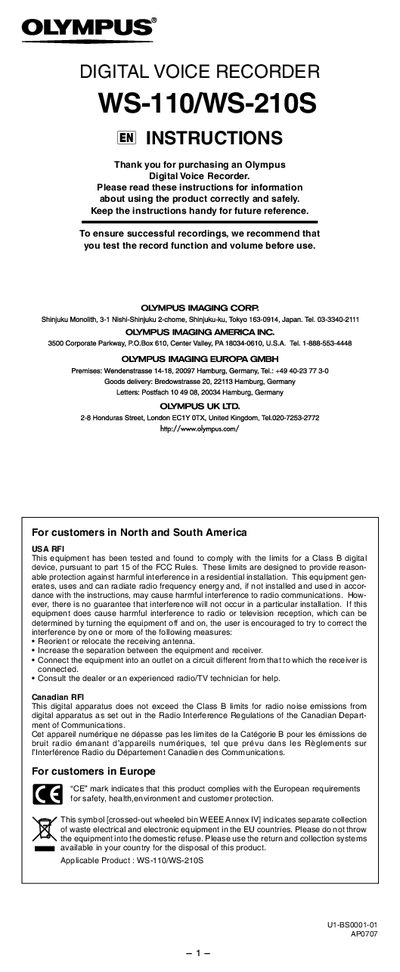 Olympus WS-110/WS-210S User Manual - cover page
