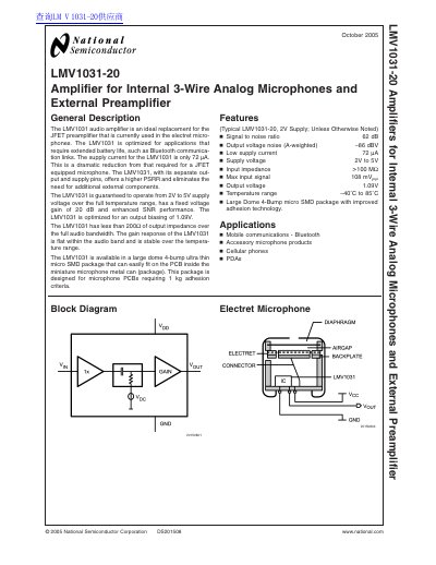 National Semiconductor LMV1031-20 Amplifier Datasheet - cover page