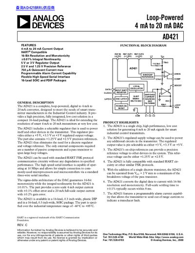 Analog Devices AD421 Loop-Powered DAC Datasheet