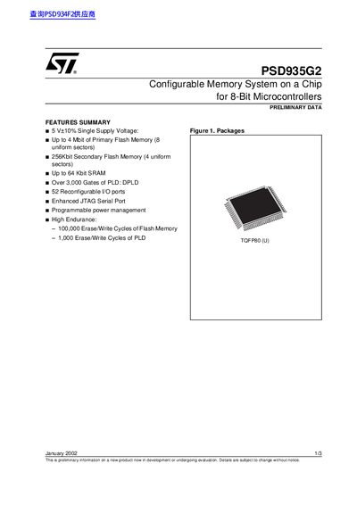 ST PSD935G2 Configurable Memory System on a Chip for 8-Bit Microcontrollers PRELIMINARY DATA