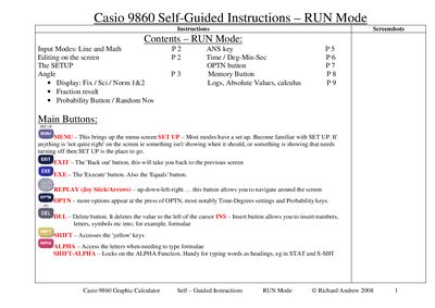 Casio 9860 Graphic Calculator Self‑Guided Instructions - cover page