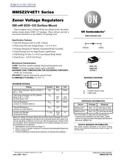 ON MMSZ2V4ET1 Series Zener Voltage Regulators 500 mW SOD 123 Surface Mount handbook - cover page