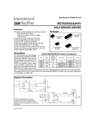 International Rectifier IR2183(4)(S) PbF Half-Bridge Driver Data Sheet - cover page