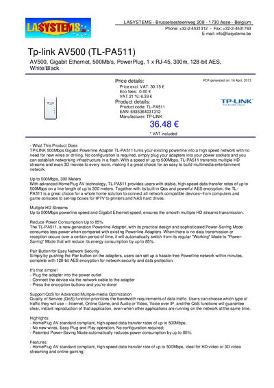 TP-Link TL-PA511 AV500 Powerline Adapter Product Sheet - cover page