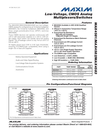 Maxim MAX4581/MAX4582/MAX4583 Low-Voltage CMOS Analog Multiplexers/Switches Datasheet