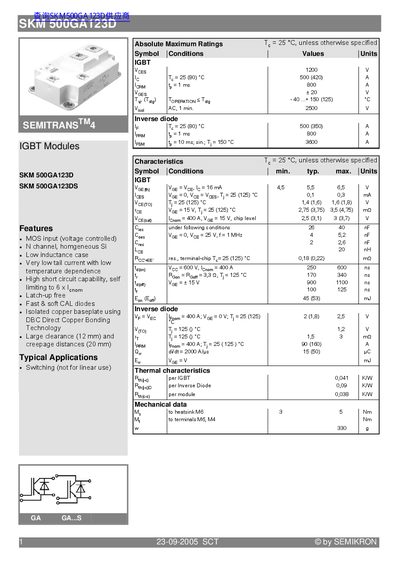 Semikron SKM 500GA123D IGBT Module Datasheet - cover page