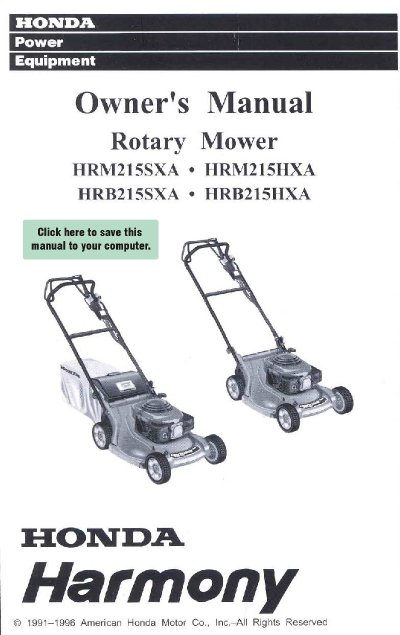 Honda HRM215SXA/HRM215HXA/HRB215SXA/HRB215HXA Rotary Mower Owner's Manual - cover page