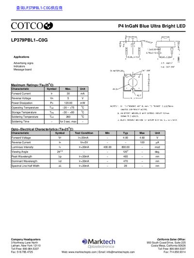 Marktech LP379PBL1-C0G InGaN Blue Ultra Bright LED Datasheet - cover page