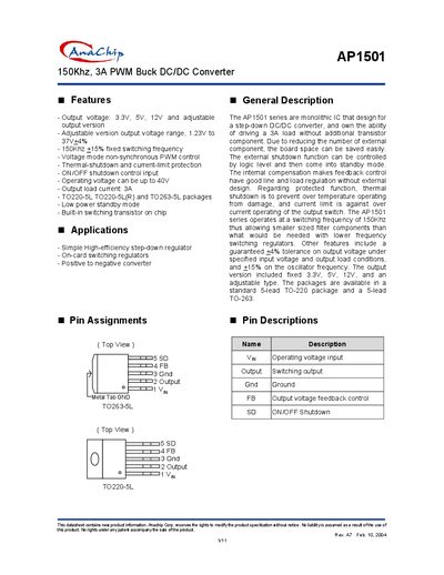 Anachip AP1501 150kHz 3A Buck Converter Datasheet - cover page