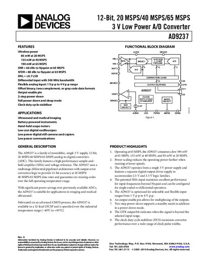 Analog Devices AD9237 12‑bit ADC Datasheet Rev A - cover page