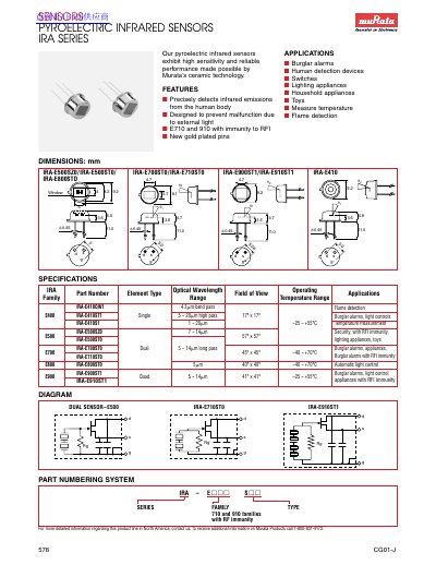 Murata IRA Series Pyroelectric Infrared Sensors Product Information Sheet - cover page