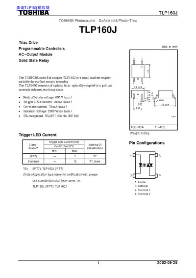 Toshiba TLP160J Photocoupler Datasheet