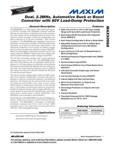 Maxim MAX5098A Dual‑Output Automotive Buck/Boost Converter Datasheet - cover page
