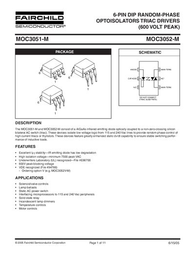 Fairchild MOC3051-M and MOC3052-M Datasheet - cover page